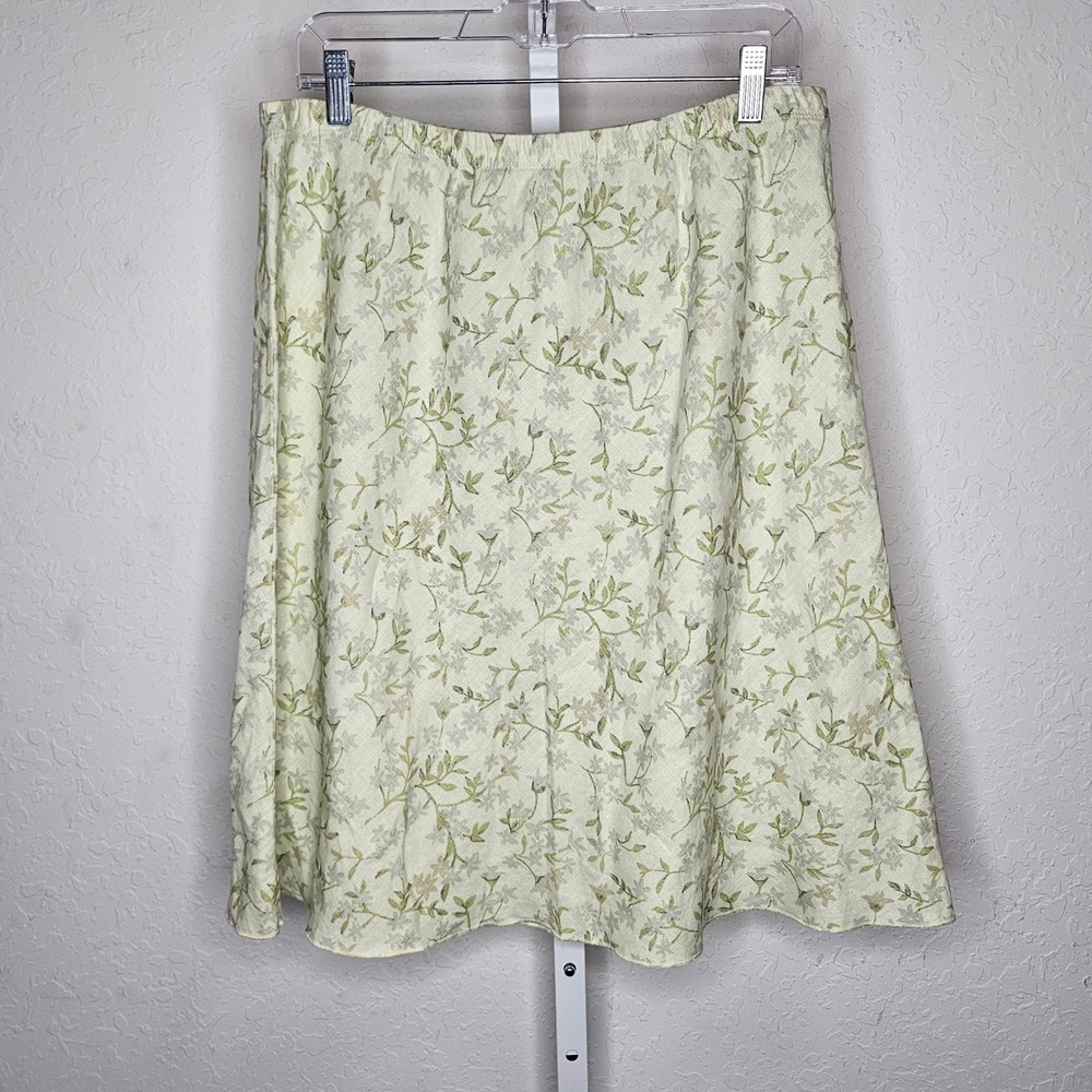 J. Jill Women's 100% Linen Floral A-Line Skirt Green Cream Elastic Waist Large